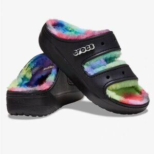 CROCS Black and Multicolor Fuzzy Slide Sandals - NWT